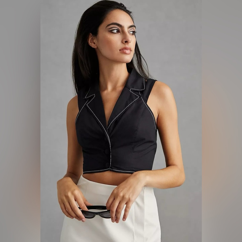 NWT! Anthropologie Double-Strap Vest Black/White Stitch Cotton Summer Size 10